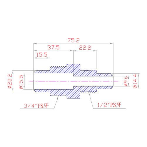 PFA/PP 擴口式接頭 轉接頭 1.2OD X 3.4OD 組立圖 規格圖