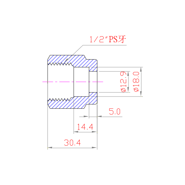 PFA/PP 擴口式接頭 轉接頭 1.2OD X 3.4NPT 分解圖 規格圖