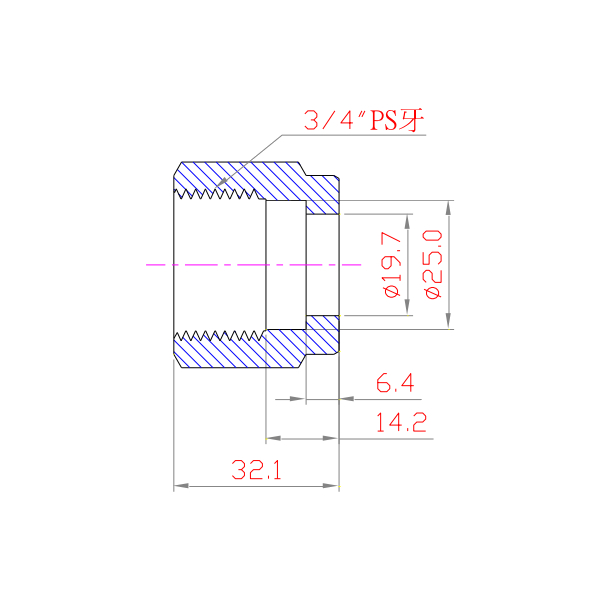 PFA/PP 擴口式接頭 轉接頭 3.4OD X 1.2NPT 分解圖 規格圖