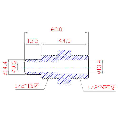 PFA/PP 擴口式接頭 直接頭 1.2OD X 1.2NPT 組立圖 規格圖