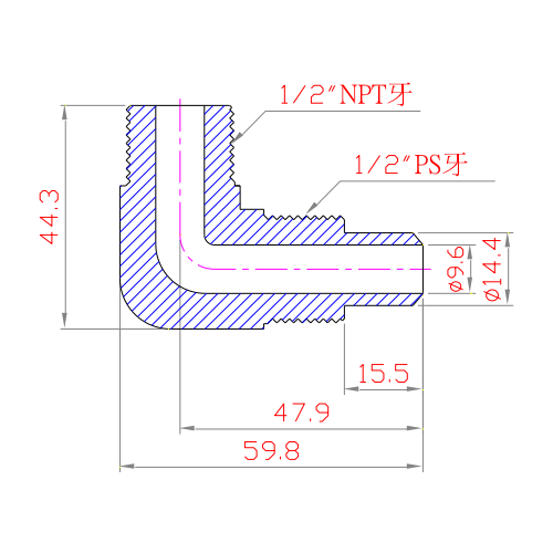 PFA/PP 擴口式接頭 L接頭 1.2OD X 1.2NPT 組立圖 規格圖